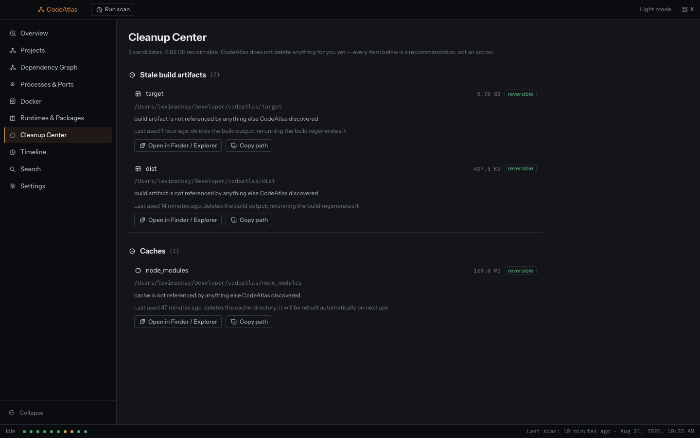 Screenshot of the CodeAtlas desktop app's Cleanup Center view